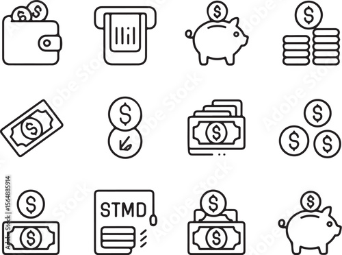 Currency and Coin Line Art Icons

