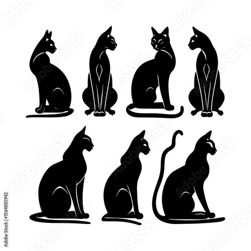 Egyptian Cat Black Silhouette Set Clipart on White Background