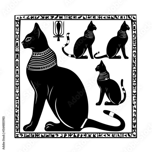 Egyptian Cat Black Silhouette Set Clipart on White Background