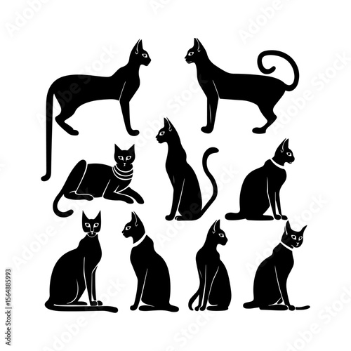 Egyptian Cat Black Silhouette Set Clipart on White Background