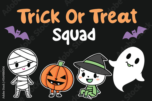 Cute Halloween Cartoon Characters Trick or Treat Squad on Black Background