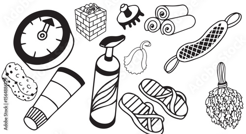 Doodle of Sauna Essentials, Black and White Vector Illustration 