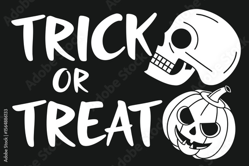 Halloween Trick or Treat with Skull and Pumpkin in Black and White