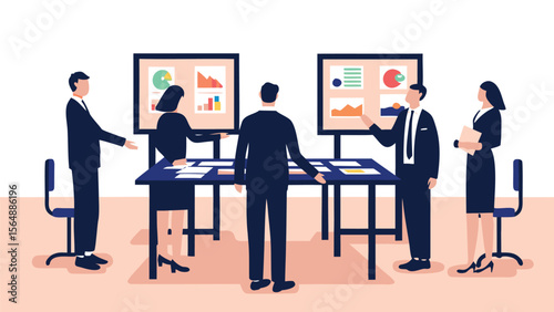 Business team in a meeting room discussing charts and graphs on display boards around a conference table