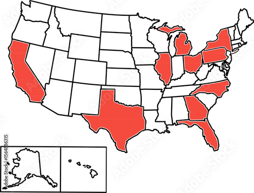 Map highlighting the top 10 most populous U.S. states with clear borders, ideal for demographic, educational, and data visualization use.

