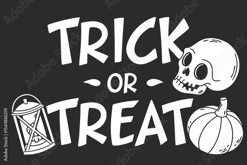 Monochrome Trick or Treat Illustration with Skull Lantern and Pumpkin