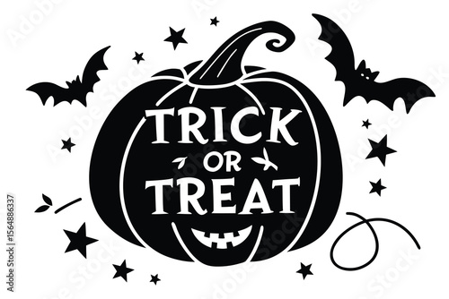 Halloween Pumpkin with Bats and Stars in Black and White Illustration