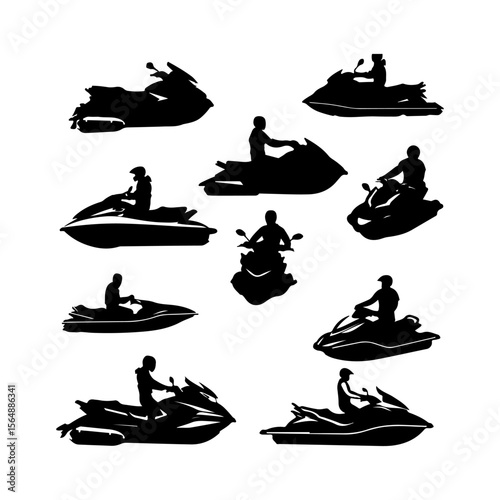 Jet Ski Black Silhouettes Set Clipart on White Background