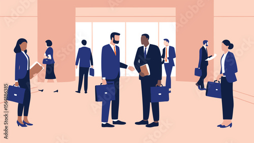 Business professionals in suits and dresses are congregating in a modern office environment setting scene