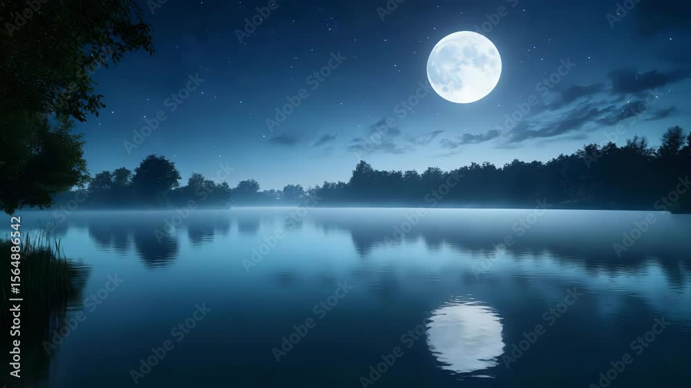 Peaceful riverside night with full moon overhead, calm water mirroring the sky, slight mist above the surface, glowing landscape