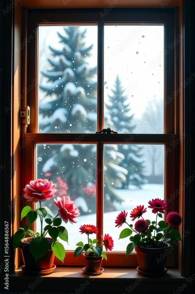 Fototapeta premium Snowy pine trees seen through a window with red and pink flowering plants on the sill