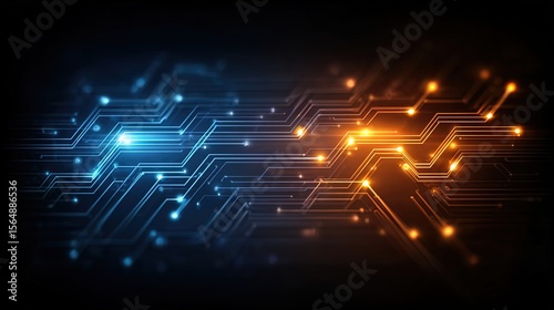 A futuristic circuit board background features glowing orange nodes and white geometric lines on a deep blue gradient, ideal for technology presentations.