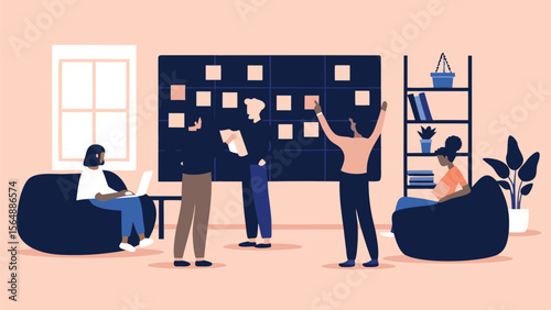 Group of people collaborating on a project using a kanban board in a modern office space setting