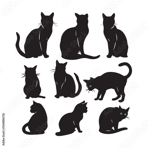 Black Cat Silhouette Set Clipart on White Background