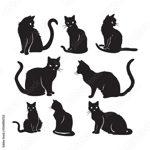 Black Cat Silhouette Set Clipart on White Background