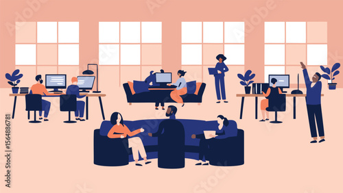 Illustration of a modern open office space with employees working and collaborating in a relaxed setting