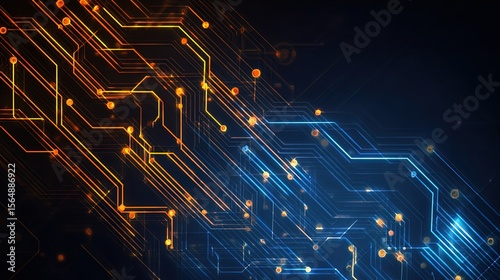 A futuristic circuit board background features glowing orange nodes and white geometric lines on a deep blue gradient, ideal for technology presentations.