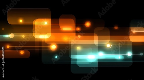 A futuristic circuit board background features glowing orange nodes and white geometric lines on a deep blue gradient, ideal for technology presentations.