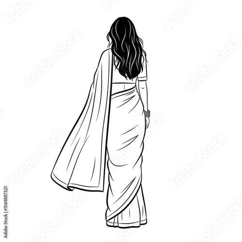 Minimalist black and white illustration of a woman in saree with long loose hair, back view

