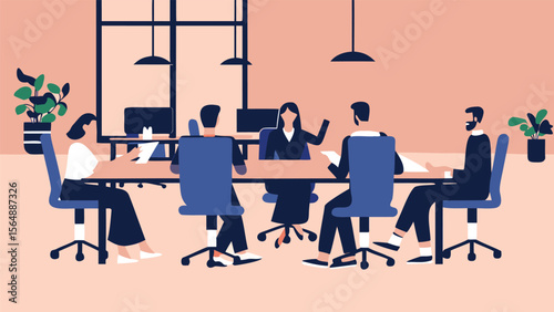 Illustration of a business meeting with six people sitting around a table in an office setting