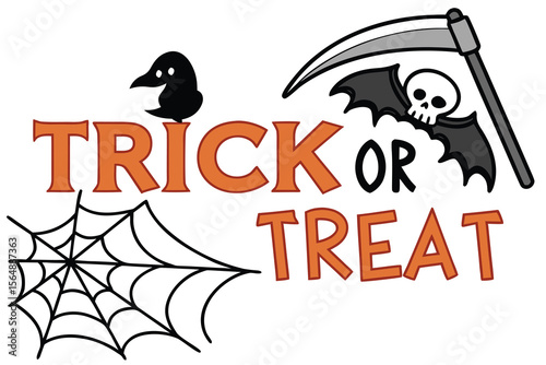 Cartoon Trick or Treat Text with Halloween Elements Isolated on White
