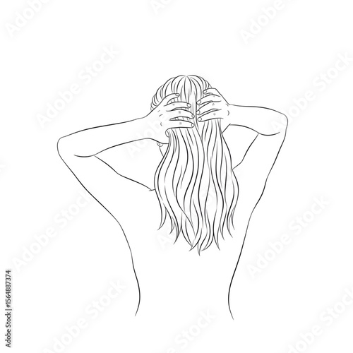 Minimalist black and white line art of woman with hands on head or behind view