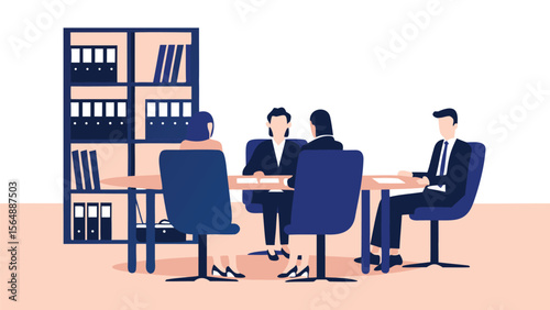 Four people in suits sitting around a table in a meeting room with a bookshelf in the background