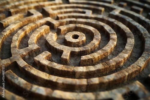 Intricate stone labyrinth nestled among greenery invites exploration and curiosity on a sunny day
