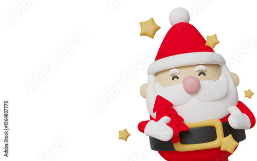 Cute 3D cartoon Santa Claus holding a red Christmas tree, isolated on white background. Perfect for holiday promotions, greeting cards, banners, and festive designs.