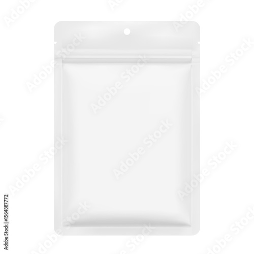 Resealable sachet bag with zip lock, tear notch and hole slot mockup. Realistic vector illustration isolated on white background. Packaging for cosmetic, food, pet. Ready for your design. EPS10.