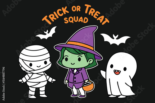 Cute Halloween Cartoon Characters Witch Mummy and Ghost Trick or Treat