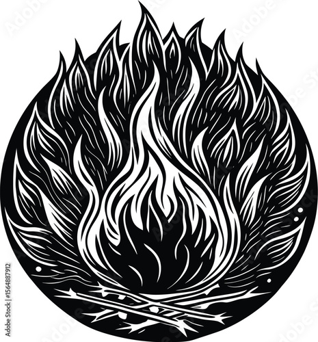 Fiery Flames A Black and White Woodcut Illustration