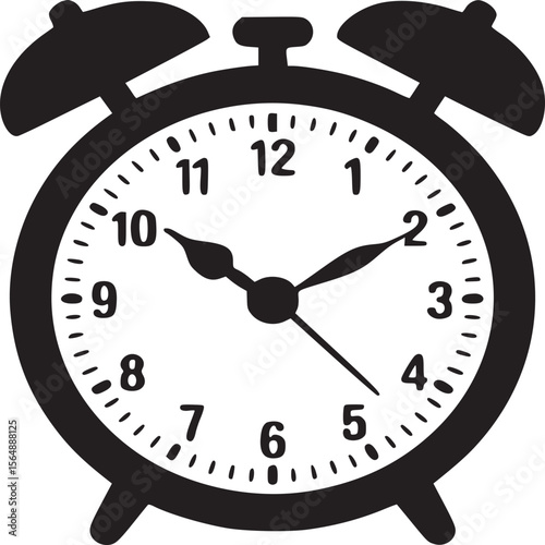Alarm clock vector illustration, time management concept, deadline reminder, black and white clip art design on transparent background