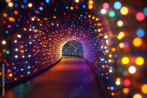 Colorful illuminated tunnel creates a stunning visual experience with shimmering lights in various hues