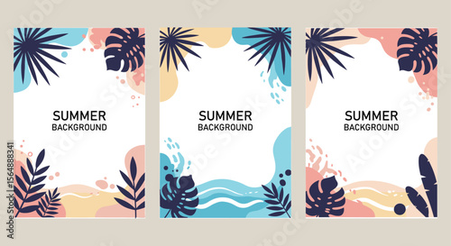 A set of three modern vector summer background templates featuring tropical leaves and abstract organic shapes in a vibrant, flat design style.