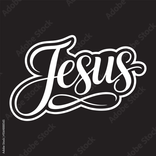 Hand-lettered “Jesus” in elegant flowing script, symbol of love, grace and salvation vector illustration.