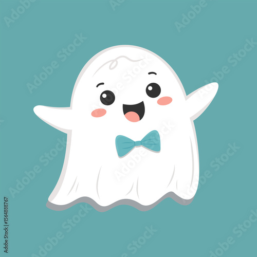 Happy ghost character with a blue bow tie, simple flat style, teal background. Fun and friendly Halloween concept for children