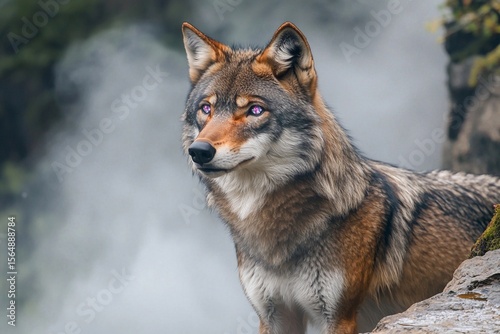 Wolf with radiant eyes reflects the power of the moon in a mystical forest setting under twilight sky