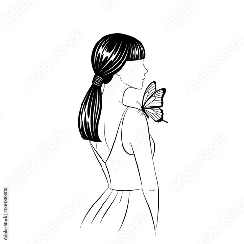 Stylized woman interacting with butterfly in minimalist monochrome line art