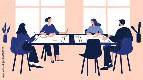 Illustration of four people sitting around a table in a meeting with papers and plants present