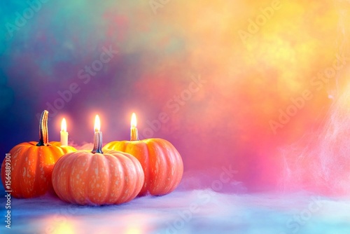 Candle lit Halloween pumpkins glowing in vibrant colors with empty space for festive greetings