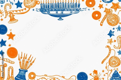 Elegant Hanukkah display with candlestick and glittering decorations in warm evening light