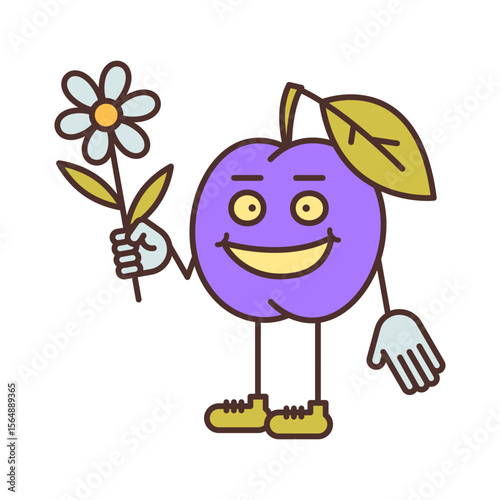 Plum character half turn holding flower and smiling