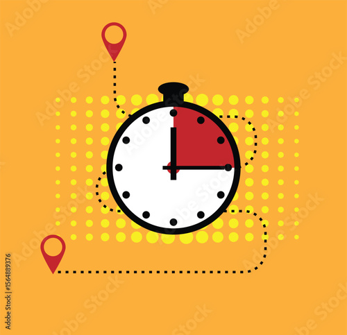 Stopwatch Timer with Route Trace and Location Markers Fast Delivery Time. Delivering fast goods and services, office location concept vector art