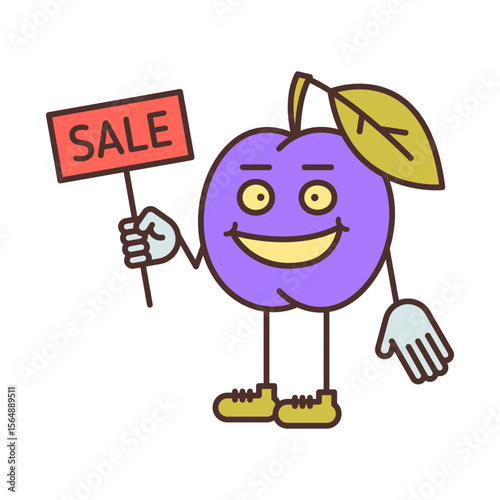 Plum character half turn holding sign with inscription sale and smiling