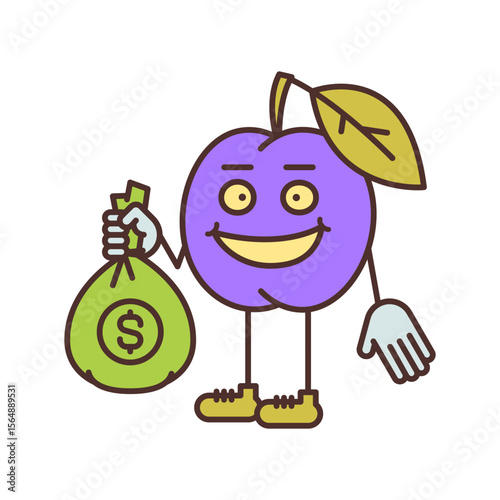 Plum character half turn holding bag with money and smiling