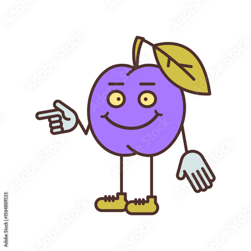 Plum character half turn points finger and smiling