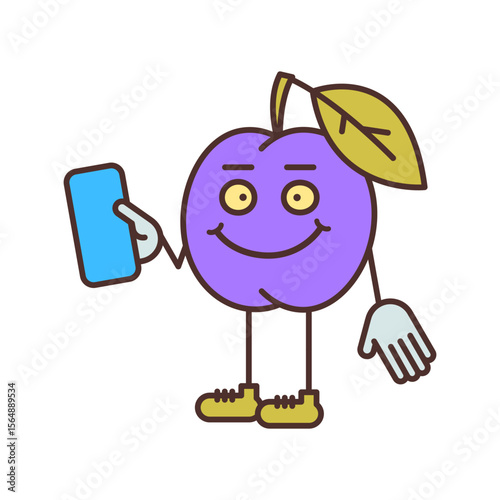 Plum character half turn holding smartphone and smiling