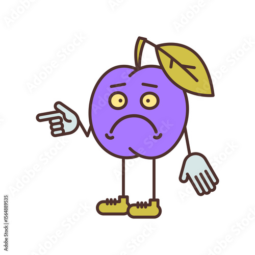 Plum character half turn points finger and dissatisfied