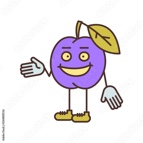 Plum character half turn points hand and smiling